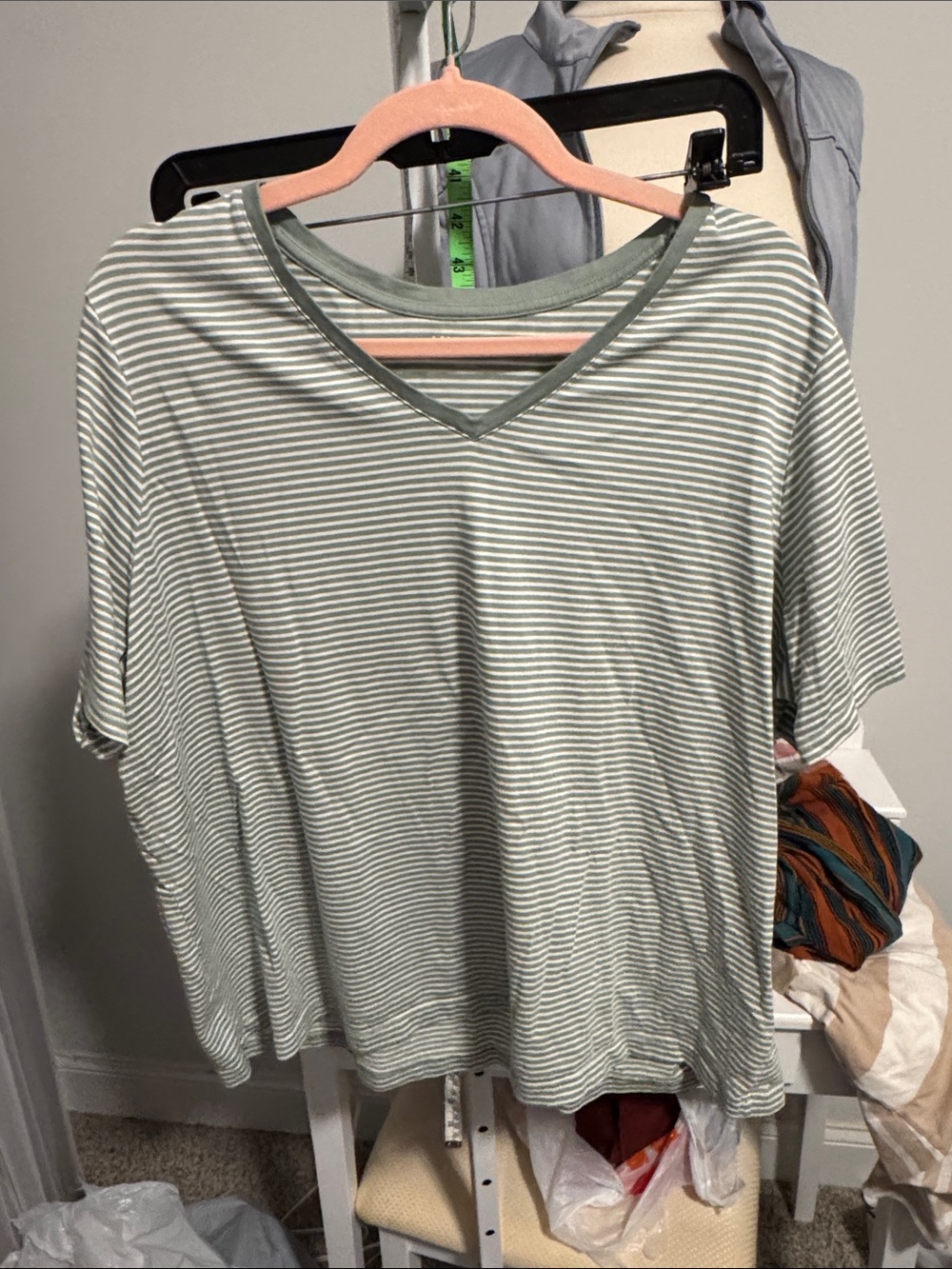 Lands' End Striped V-Neck Tee in Sage Green and White